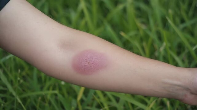 Arm with scratch and bruise due to insect bite on green grass  