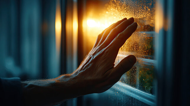 Cross contamination in proper food handling concept. A hand touching a fogged window during a serene sunset moment.