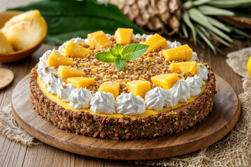 Tropical pineapple dessert cake topped with whipped cream chopped nuts and mint leaves on wooden board for bakery product and sweet food styling themes