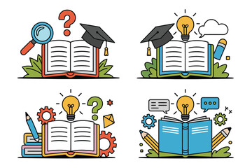 Collection of four flat design illustrations representing education and learning concepts