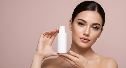 Beautiful Woman Holding Cosmetic Product Bottle, Skincare Concept