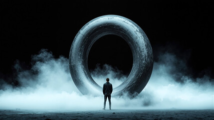 Mysterious sci-fi portal ring surrounded by fog with solitary man standing before it in dark surreal environment for fantasy exploration and concept art themes