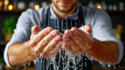 Proper food handling prevents foodborne outbreak concept. A person washing hands under water, promoting cleanliness and hygiene.