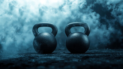 Pair of black kettlebells placed on gritty gym floor with atmospheric smoke in background for strength training workout and fitness motivation themes