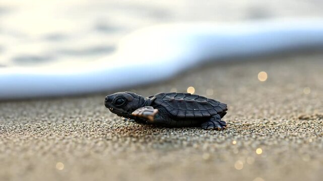 Tiny sea turtle hatchling crawling on sand towards the ocean