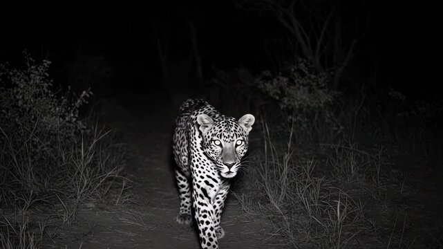 Spotted leopard walks on wilderness path at night, captured by camera trap