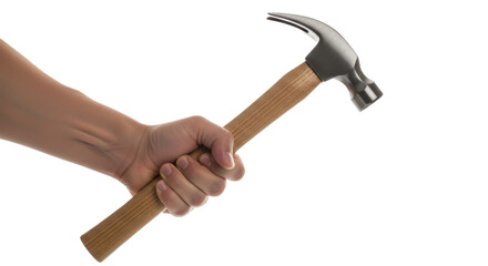 A hand holding a hammer with a wooden handle against a black background in a studio setting view