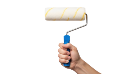 A hand holding a paint roller with a blue handle and a white roller with yellow stripes on a black background