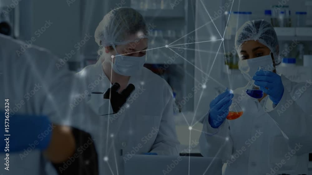 Aufkleber lab technicians comparing liquids examining samples via microscope typing data with pulsing overlay