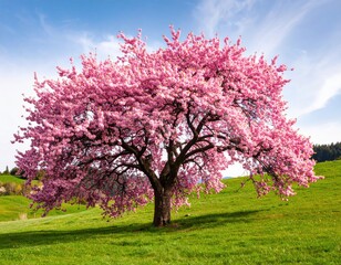 Lush pink cherry blossoms on a grassy hill