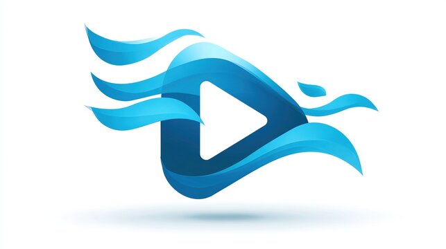 A stylized, blue play button with flowing, wave-like elements, suggesting motion and fluidity, on white
