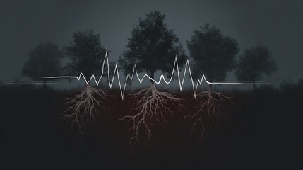 An electrocardiogram line transforms into the roots of three trees, symbolizing the connection between life, nature, and heartbeat.