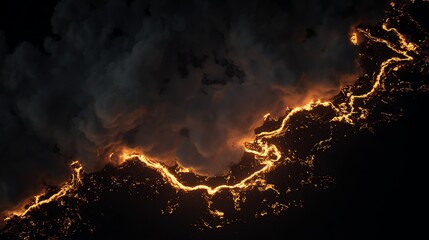 Aerial view of a volcanic eruption with glowing lava flows cutting through dark terrain under thick smoke clouds at night.
