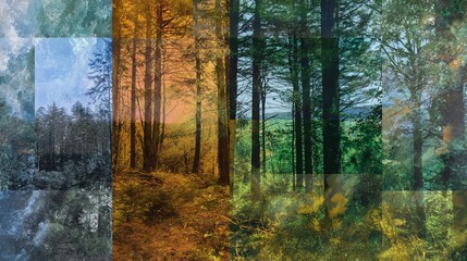 A composite image showing a forest scene through four vertical panels, each representing a different season or time of day with varying light and color tones.