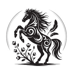 Fototapeta premium A striking black silhouette of a powerful horse rearing up amidst stylized floral elements, its body adorned with intricate swirling patterns, enclosed within a subtle circular frame