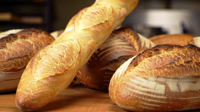 Freshly Baked Artisan Bread Loaves and French Baguette