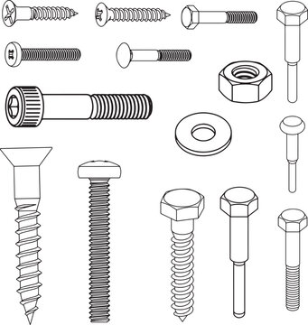 Vector outline illustration of various screws, bolts, nuts, and washers.
