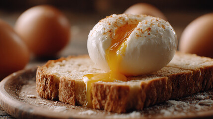 Cross contamination in proper food handling concept. Delicious poached egg on toasted bread surrounded by fresh eggs.
