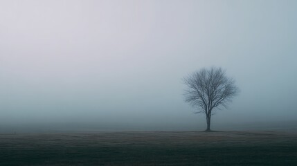 Obraz premium A solitary tree stands in a foggy, open field with a muted color palette, creating a serene and minimalist landscape scene.