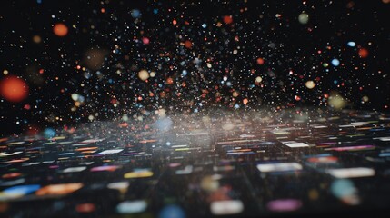 Close-up of colorful particles floating above a digital screen with illuminated icons, creating a vibrant and dynamic tech-inspired visual effect.