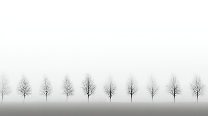 A row of bare, leafless trees stand evenly spaced in a minimalist, foggy landscape with a white background.