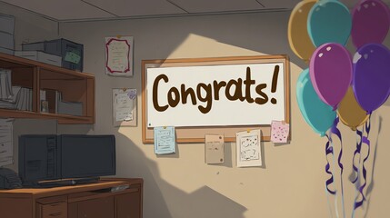 An office corner with a "Congrats!" banner and colorful balloons celebrating an achievement or special occasion.