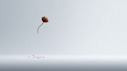 A single brown leaf floats gently above a minimalist, foggy background, with scattered petals or small leaves below in a calm, serene setting.