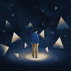 A person standing alone in a dark space surrounded by floating, illuminated geometric shapes, evoking a sense of contemplation or mystery.
