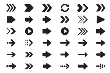 Black arrow icons and navigation symbols collection featuring modern minimalist designs including play buttons and directional signs, perfect for web UI or print applications, EPS Pro