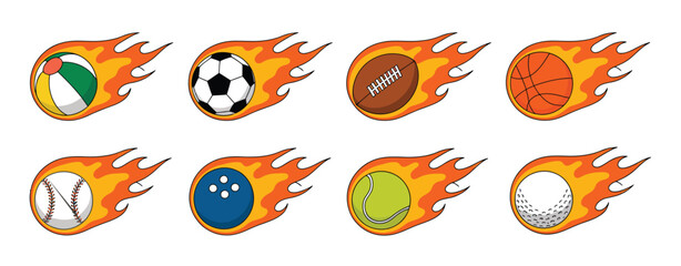 Naklejka premium Various Sport Balls with Flames