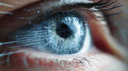 Biometric iris scan with digital grid overlay on close up human eye, showing detailed futuristic technology and light effects in high tech analysis