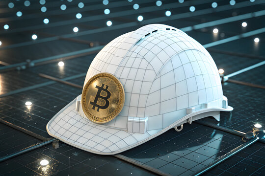 White hard hat with bitcoin symbol on a digital grid background with glowing lights.