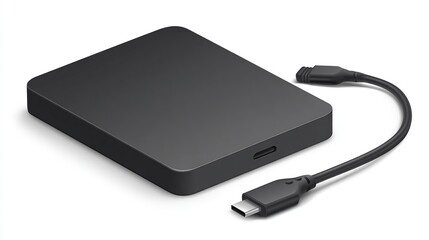 Black external drive with USB-C cable on a white background, slightly isometric view