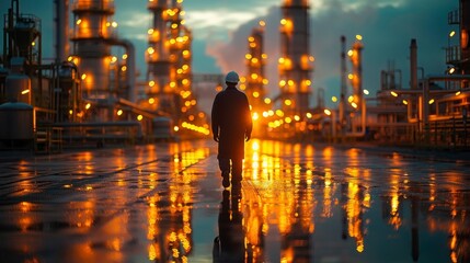 Back view of worker walking toward an industrial plant with bright reflections