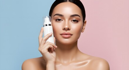 Beautiful Woman with Skincare Product: Beauty, Cosmetics, and Skincare Concept