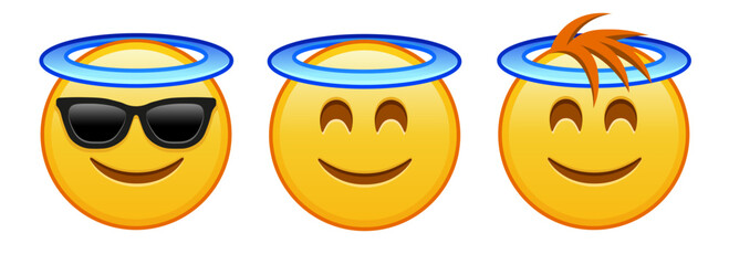 Smiling face with halo above head Set of three yellow emoji