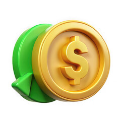 Obraz premium Photo of a golden dollar coin with a green arrow symbolizes money return and financial transactions isolated on transparent background