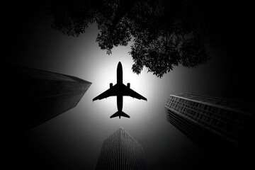 Airplane Ascending Through City Shadows in Black