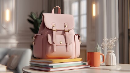 Elegant Pink Backpack Resting on Stack of Books