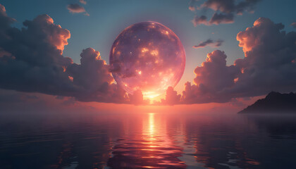 Glowing Celestial Sphere Reflected on Calm Ocean at Sunset