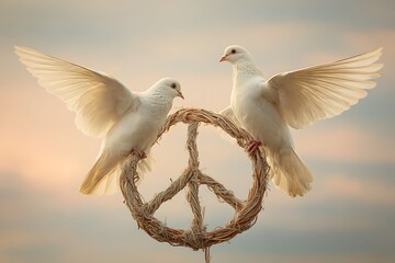 Two White Doves Perched on Wreath, Symbol of Peace, Love, and Wedding, Soft Pastel Sky