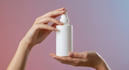 Hands holding blank white spray bottle, cosmetic product mockup