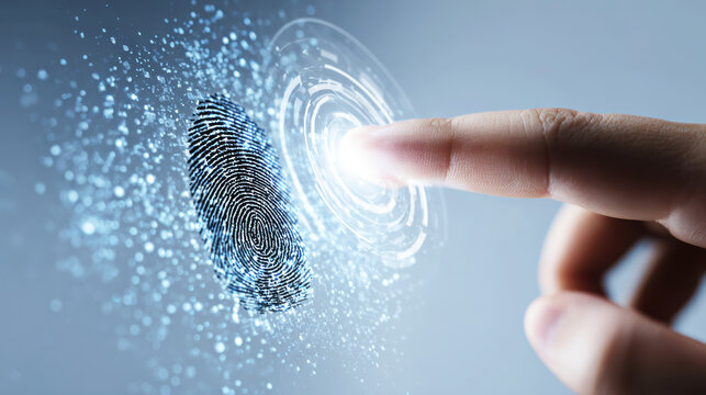 Fingerprint scan on futuristic interface with glowing digital elements and human finger pressing sensor, symbolizing biometric security and technology innovation