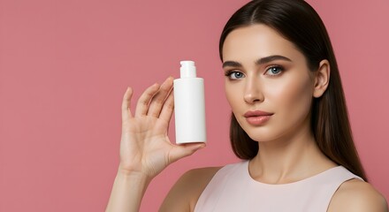Woman Holding Blank Cosmetic Bottle, Beauty Product Mockup