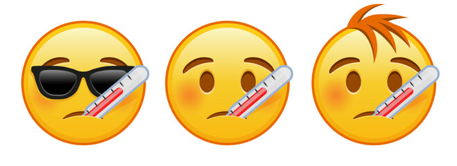 Yellow face with thermometer Set of three emoji