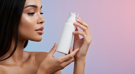 Woman Holding Skincare Product Bottle on Gradient Background