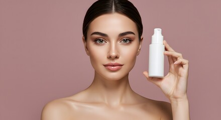 Woman Holding Skincare Product Bottle, Beauty and Cosmetics Concept