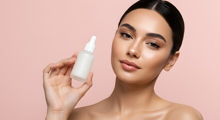 Woman Holding Skincare Serum Bottle on Pink Background