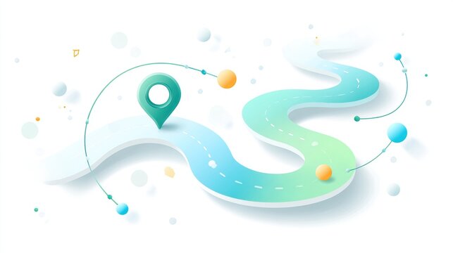 A stylized, 3D rendered road map with a location marker at its start, winding through a pastel blue-green landscape dotted with colorful spheres, suggesting a journey or path to a destination