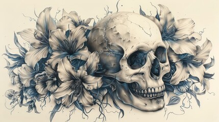Skull surrounded by detailed lilies and vines, rendered in a muted color palette